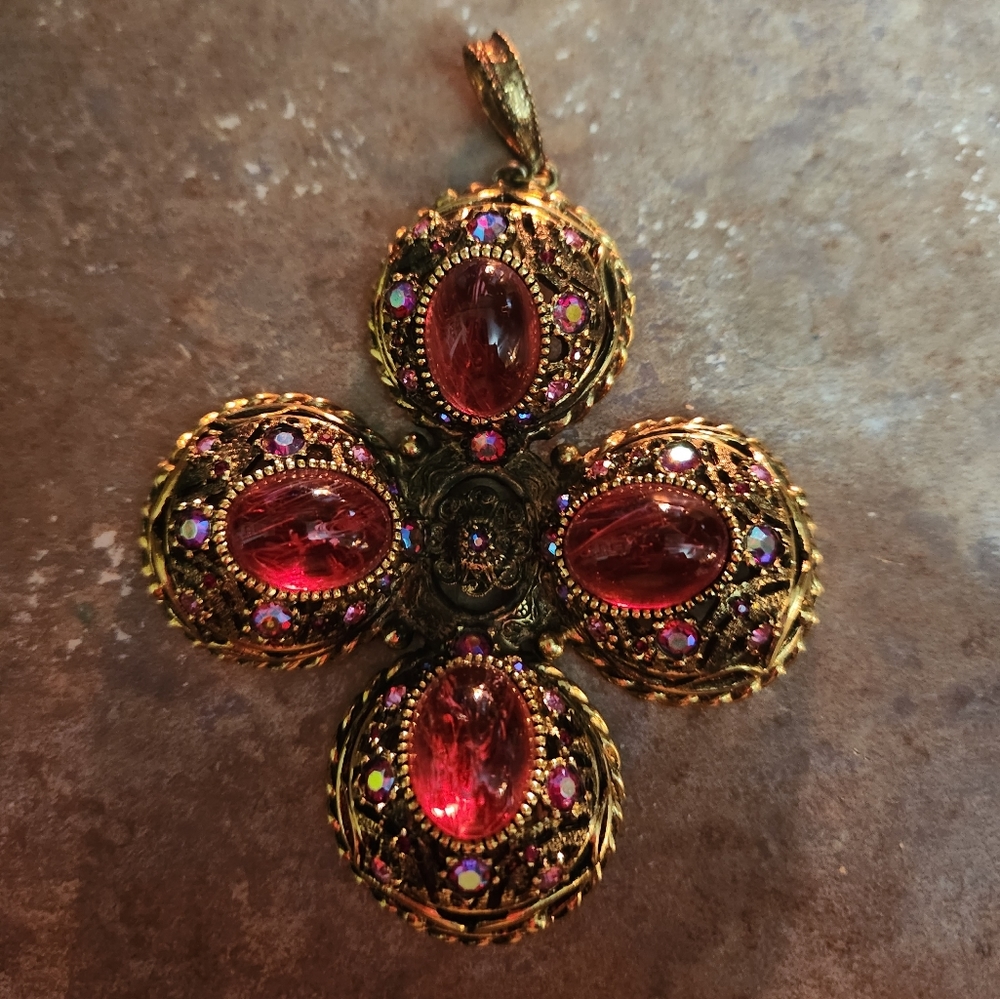 Stunning Large Decorative Rhinestone and Glass Cabochon Pendant